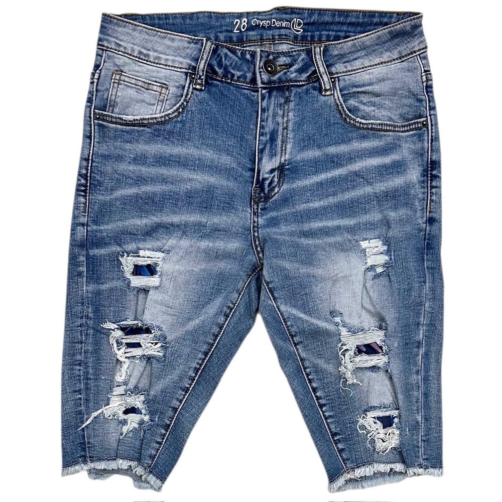 Crysp Denim Men's Distressed Rips & Repairs Skinny Fit Cut Off Denim Jean Shorts